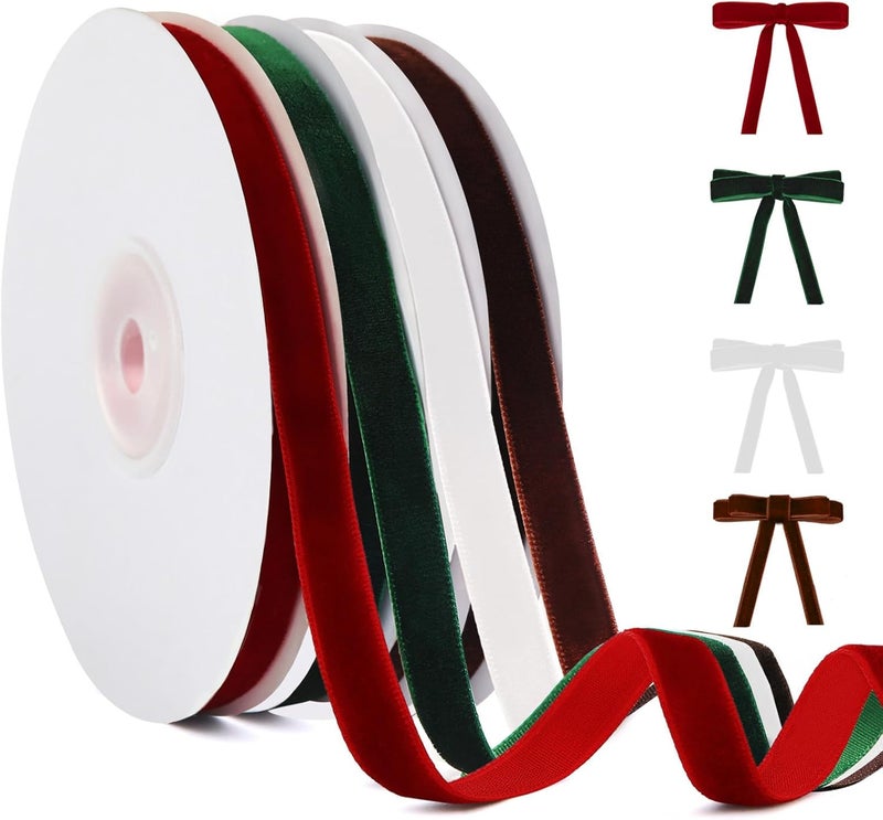 YANGTE 4 Colors Velvet Ribbon Set, 3/8" x 40Yard Premium Christmas Velvet Ribbon for Gift Wrapping, Christmas Tree Ornaments Handmade Crafts Bow Making（Red,Green,White,Brown） - Image 1